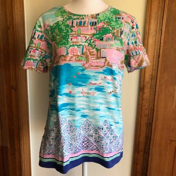 TALBOTS Scenic Mediterranean Tee Short Sleeve Crewneck Blue Pink - Picture 3 of 16